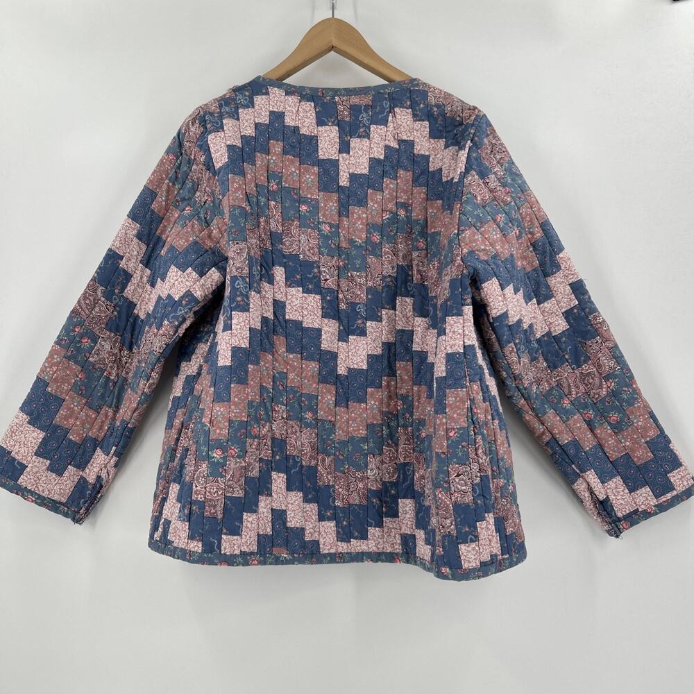 Vintage Handmade Quilted Jacket Womens Size L Blue Pink Floral Cottagecore - Picture 2 of 10